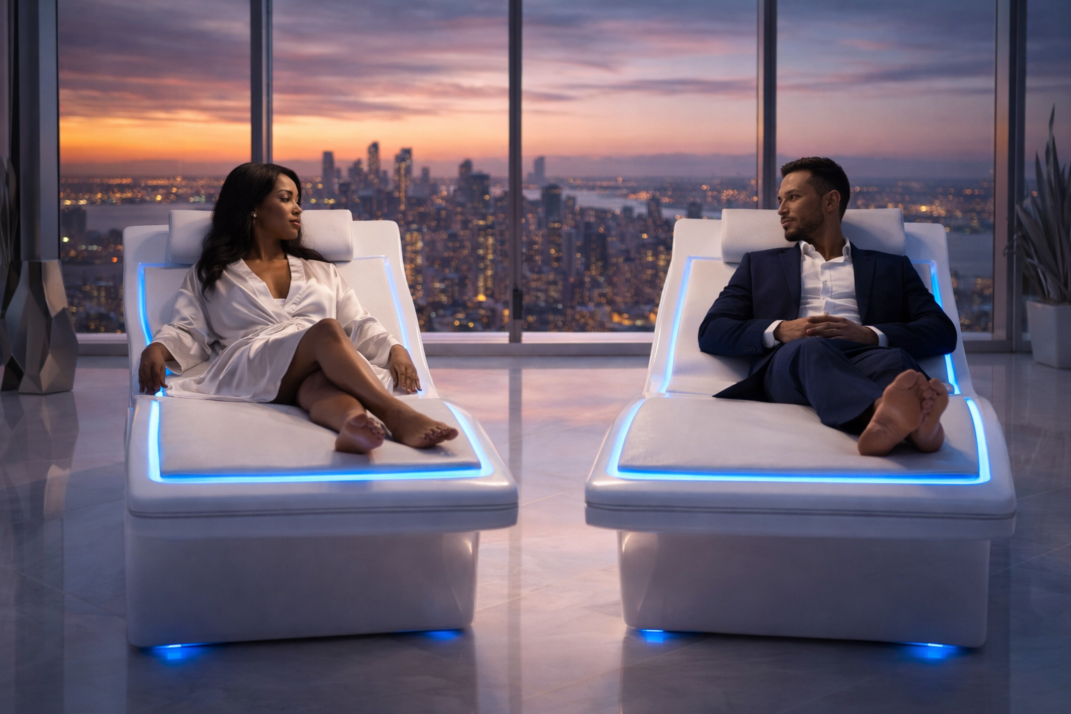 Couple enjoying VEMI in premium wellness architecture