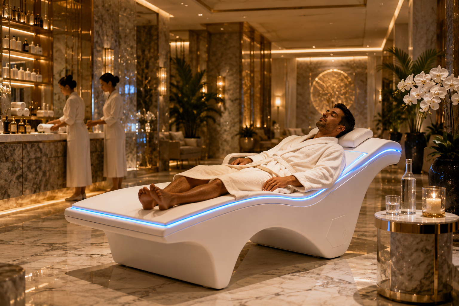 Client relaxing on VEMI in luxury spa setting